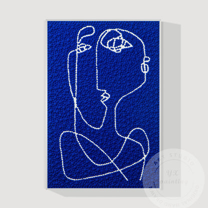 Hand Tufted Abstract Fiber Art, Large Vertical Blue Picasso Line Art, Punch Need #15