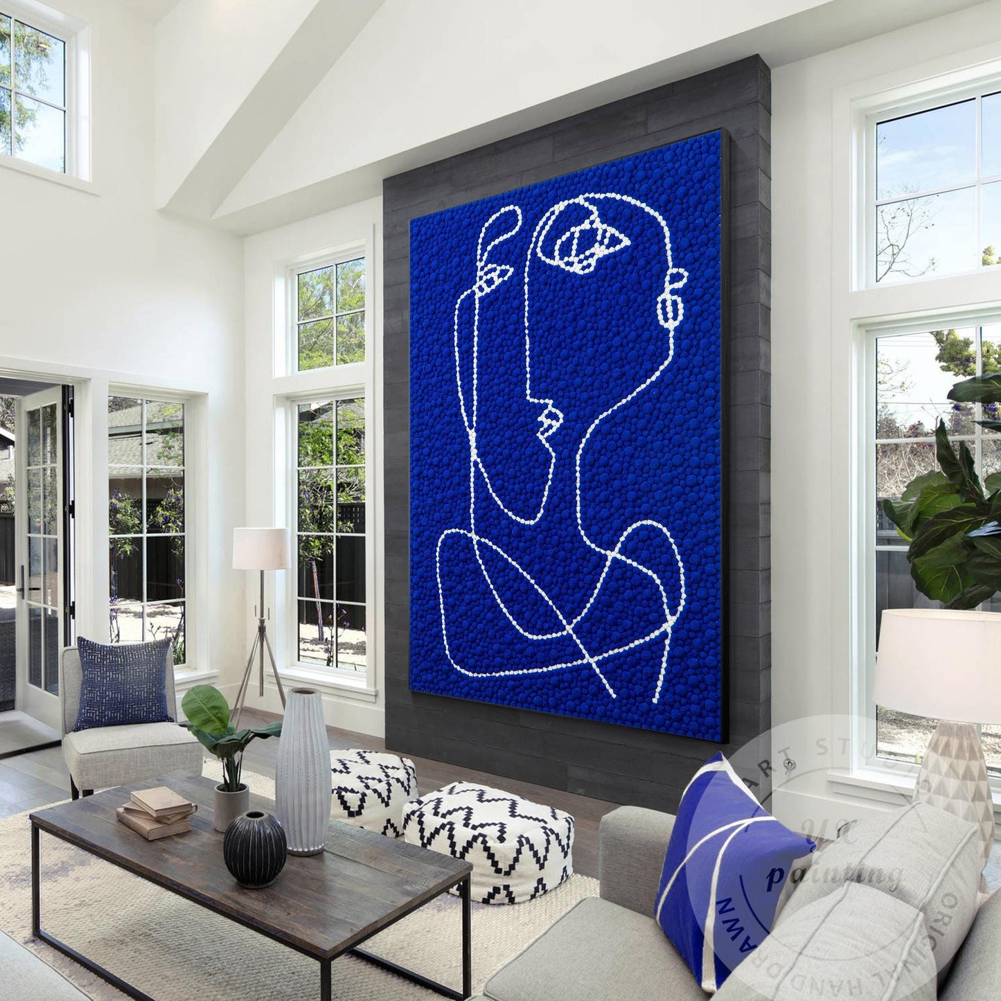 Hand Tufted Abstract Fiber Art, Large Vertical Blue Picasso Line Art, Punch Need #3