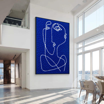 Hand Tufted Abstract Fiber Art, Large Vertical Blue Picasso Line Art, Punch Need #4