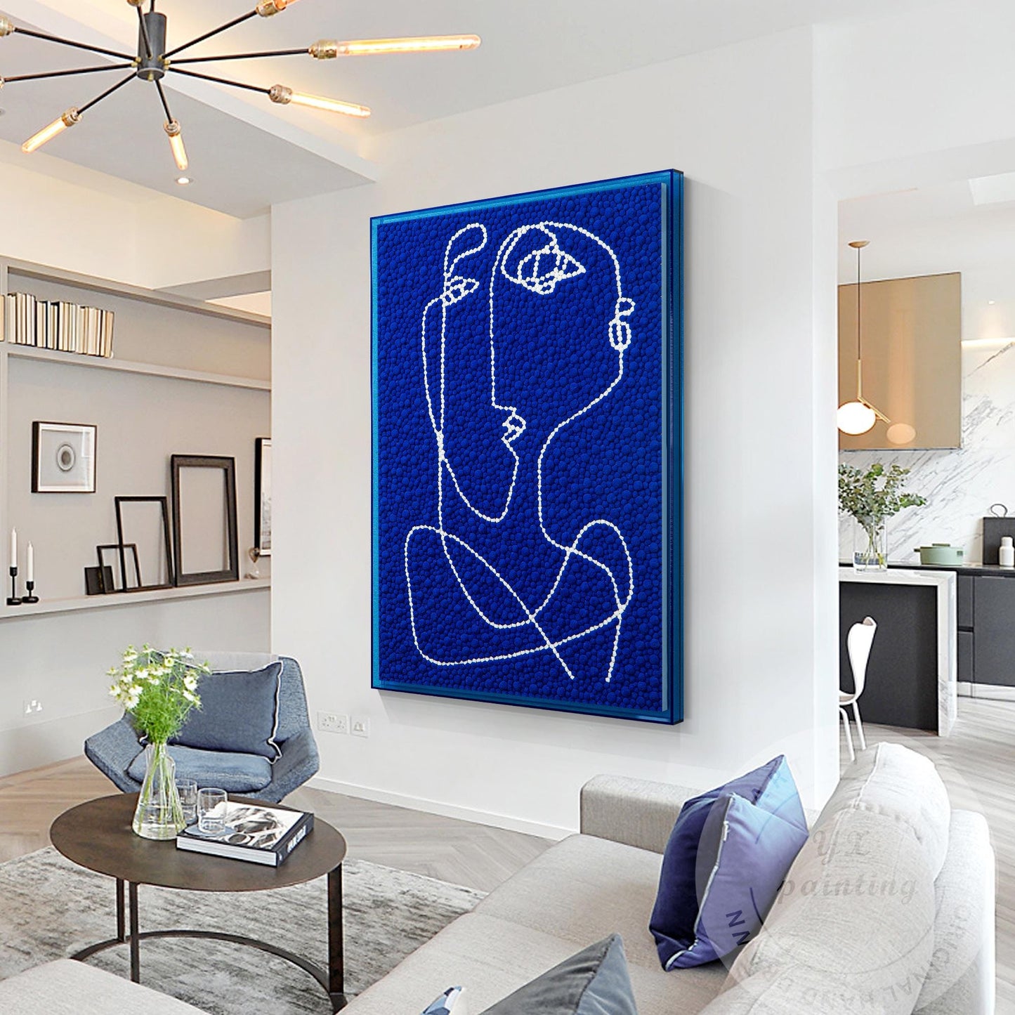 Hand Tufted Abstract Fiber Art, Large Vertical Blue Picasso Line Art, Punch Need #5