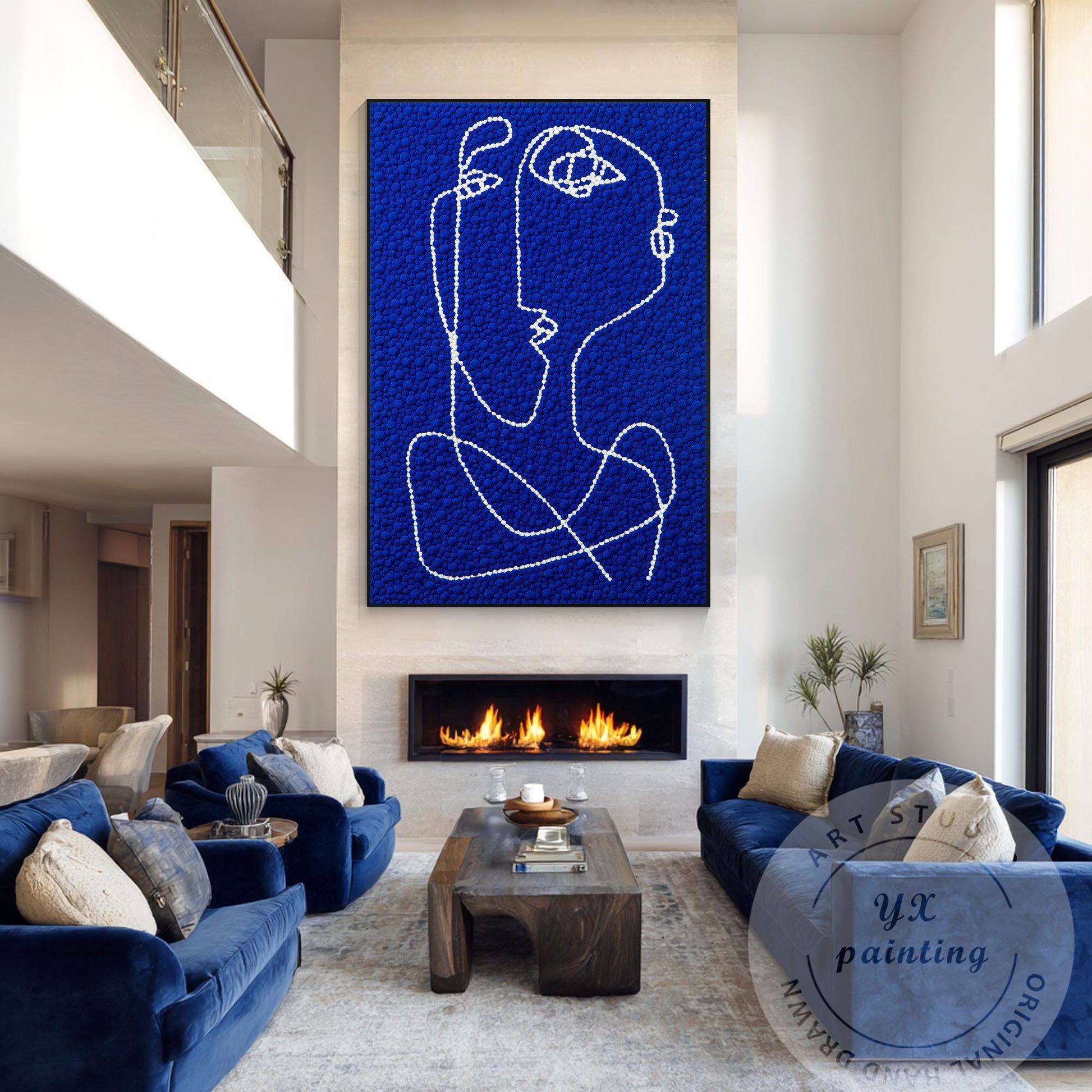 Hand Tufted Abstract Fiber Art, Large Vertical Blue Picasso Line Art, Punch Need #6