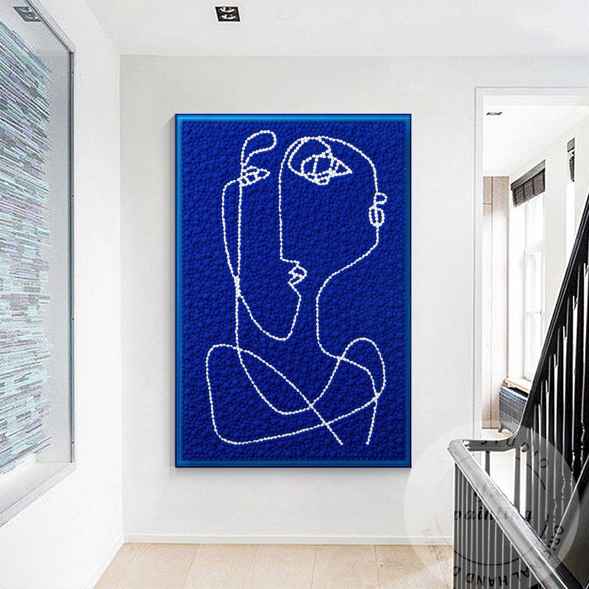 Hand Tufted Abstract Fiber Art, Large Vertical Blue Picasso Line Art, Punch Need #7