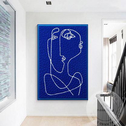 Hand Tufted Abstract Fiber Art, Large Vertical Blue Picasso Line Art, Punch Need #7