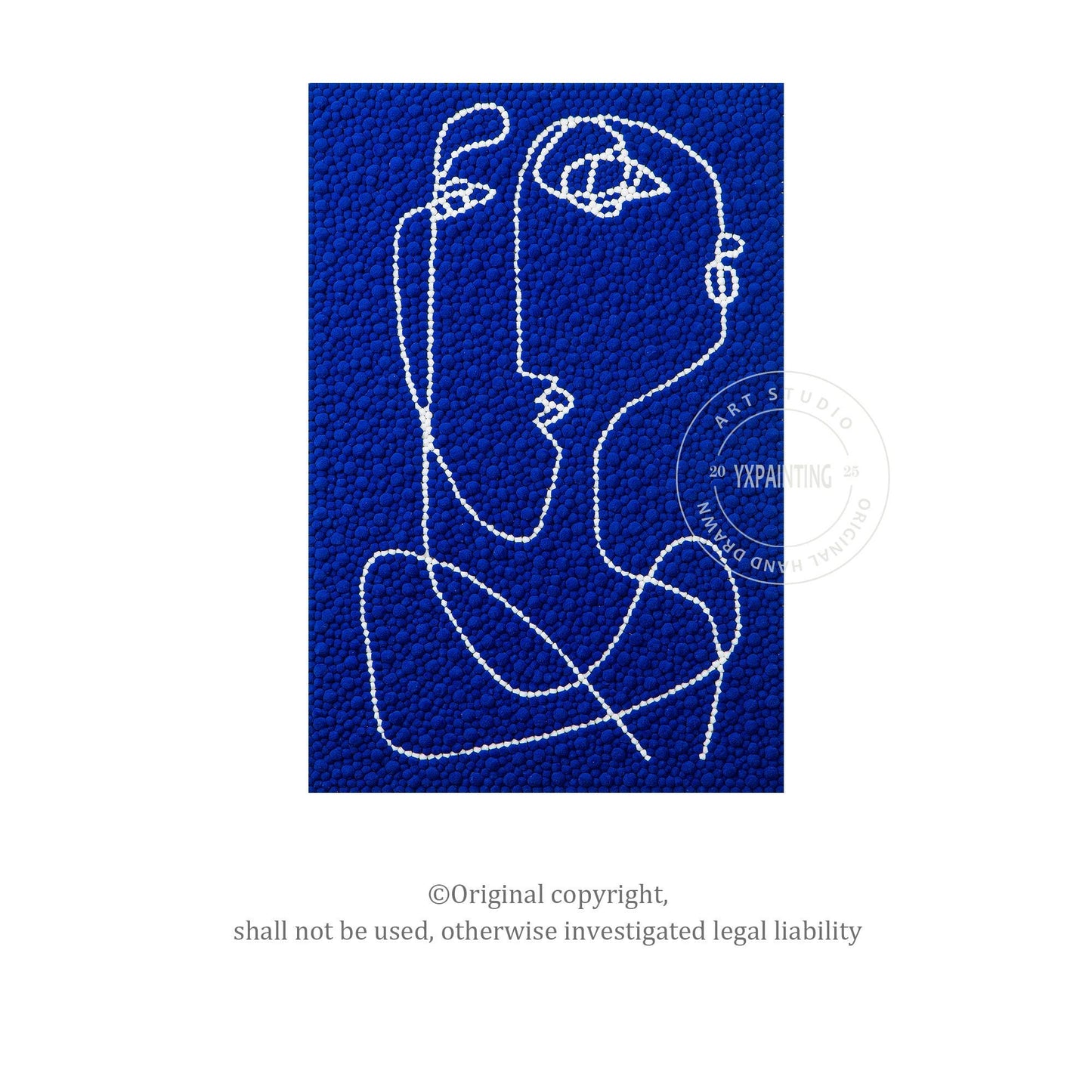 Hand Tufted Abstract Fiber Art, Large Vertical Blue Picasso Line Art, Punch Need #9