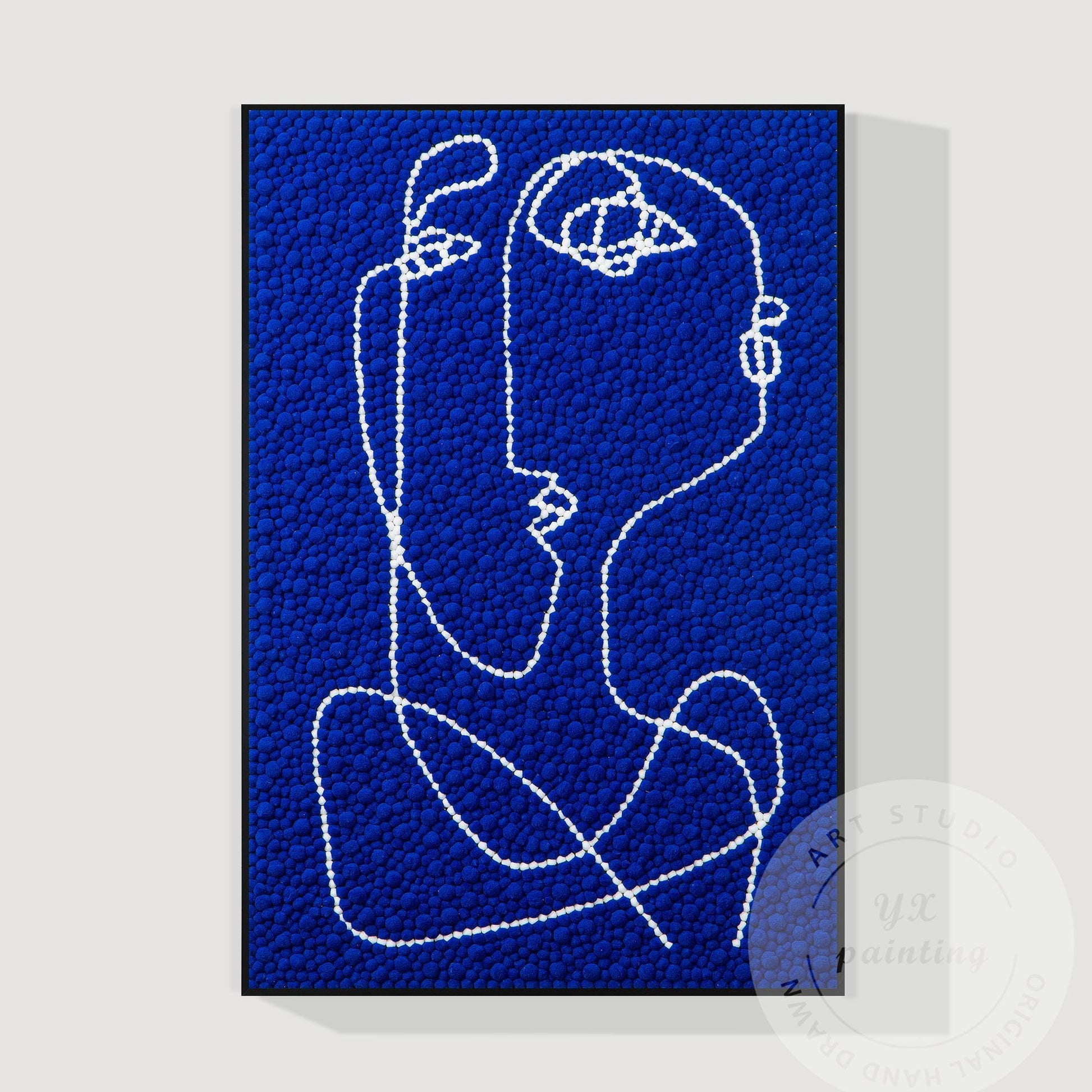 Hand Tufted Abstract Fiber Art, Large Vertical Blue Picasso Line Art, Punch Need #10