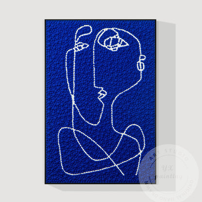 Hand Tufted Abstract Fiber Art, Large Vertical Blue Picasso Line Art, Punch Need #10