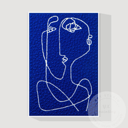Hand Tufted Abstract Fiber Art, Large Vertical Blue Picasso Line Art, Punch Need #1