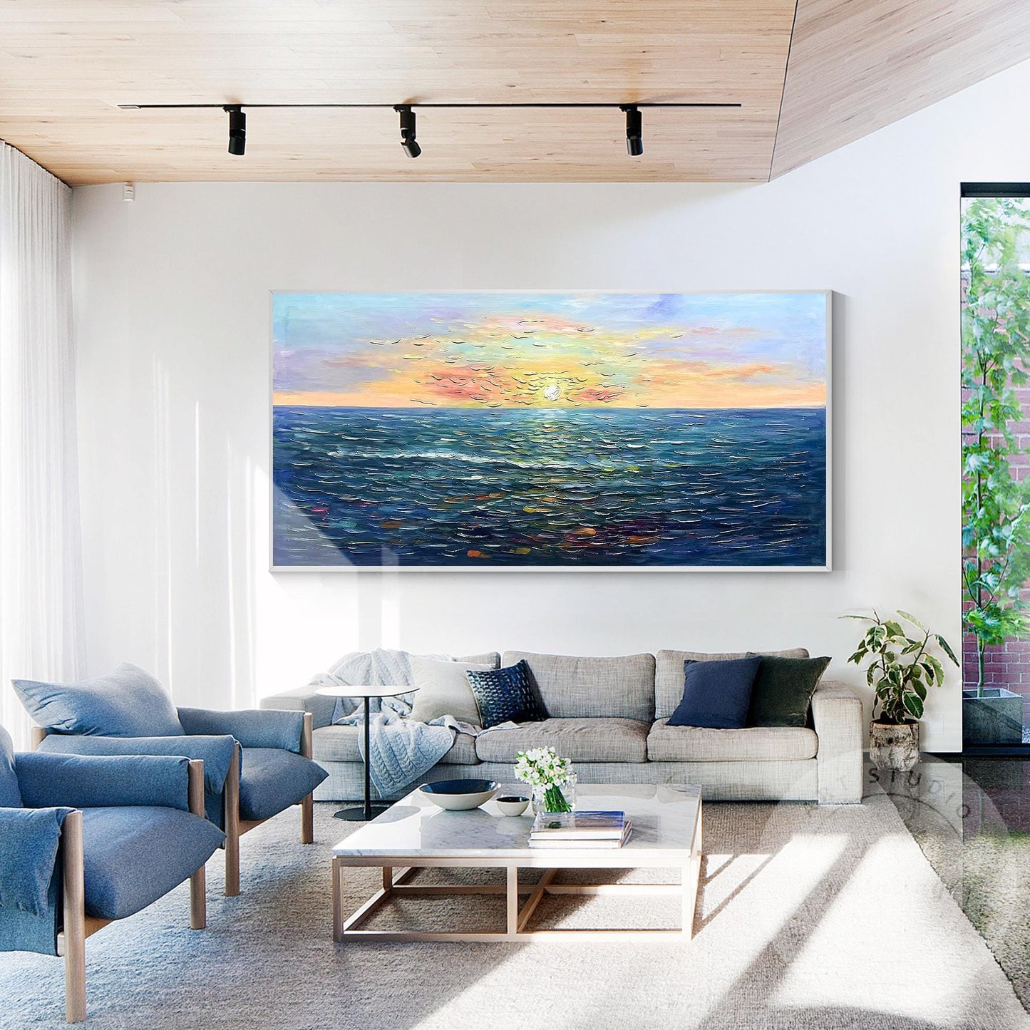 Handcrafted Sunrise Ocean Painting, Original Beach Oil Canvas Artwork, Large Fra #2