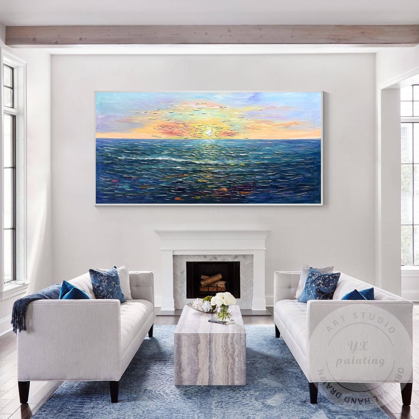Handcrafted Sunrise Ocean Painting, Original Beach Oil Canvas Artwork, Large Fra #3