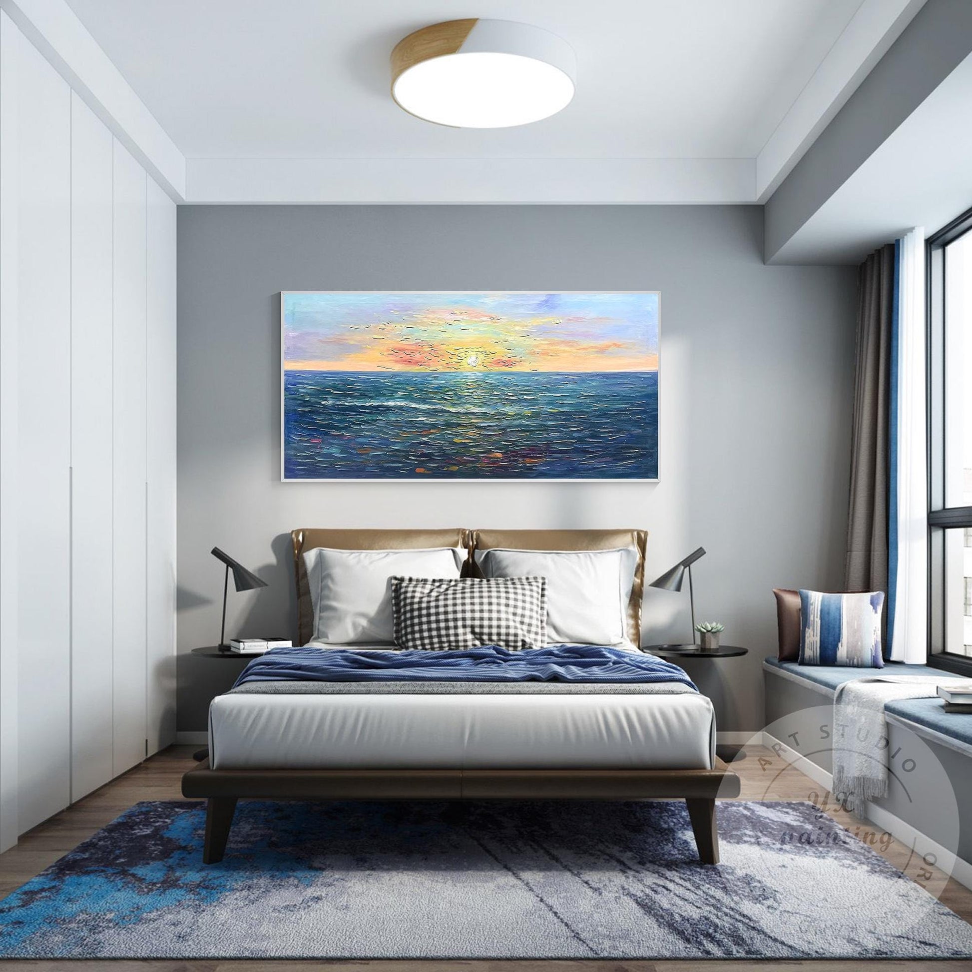 Handcrafted Sunrise Ocean Painting, Original Beach Oil Canvas Artwork, Large Fra #4