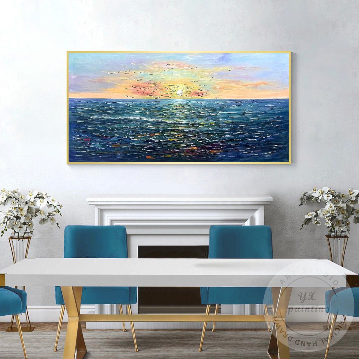 Handcrafted Sunrise Ocean Painting, Original Beach Oil Canvas Artwork, Large Fra #5