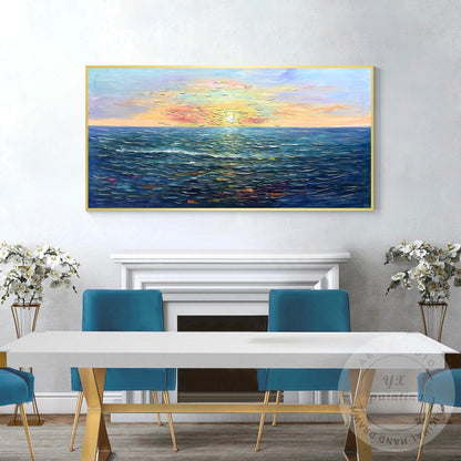 Handcrafted Sunrise Ocean Painting, Original Beach Oil Canvas Artwork, Large Fra #5