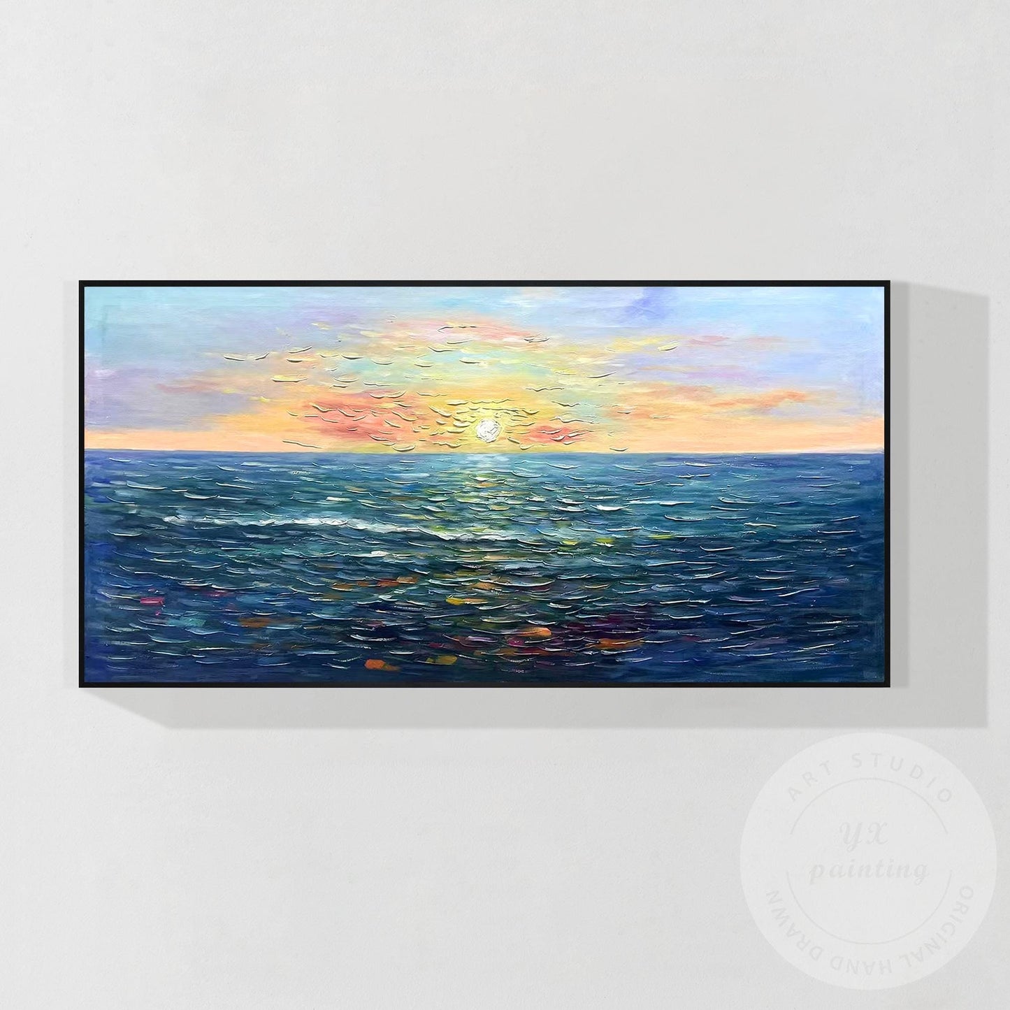 Handcrafted Sunrise Ocean Painting, Original Beach Oil Canvas Artwork, Large Fra #7