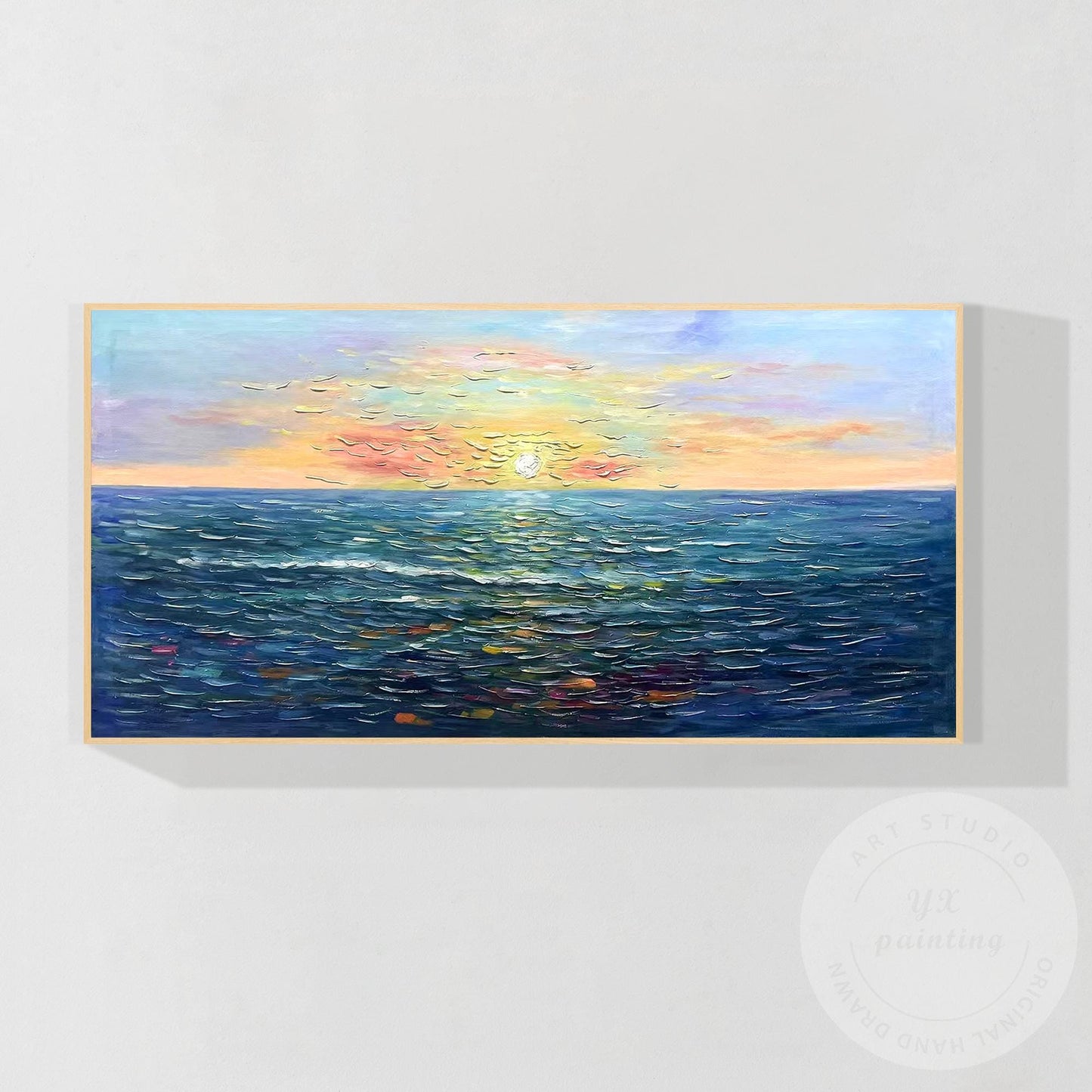 Handcrafted Sunrise Ocean Painting, Original Beach Oil Canvas Artwork, Large Fra #8
