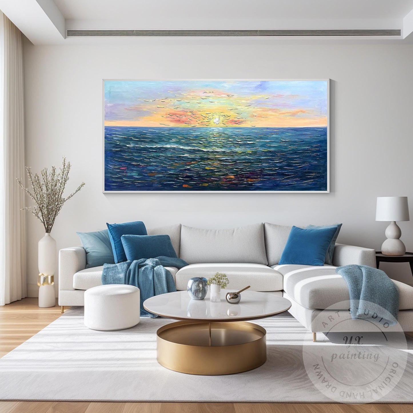 Handcrafted Sunrise Ocean Painting, Original Beach Oil Canvas Artwork, Large Fra #1