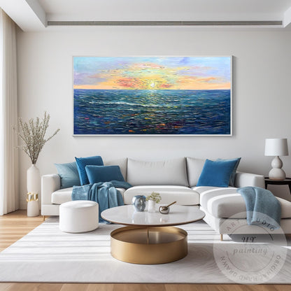 Handcrafted Sunrise Ocean Painting, Original Beach Oil Canvas Artwork, Large Fra #1