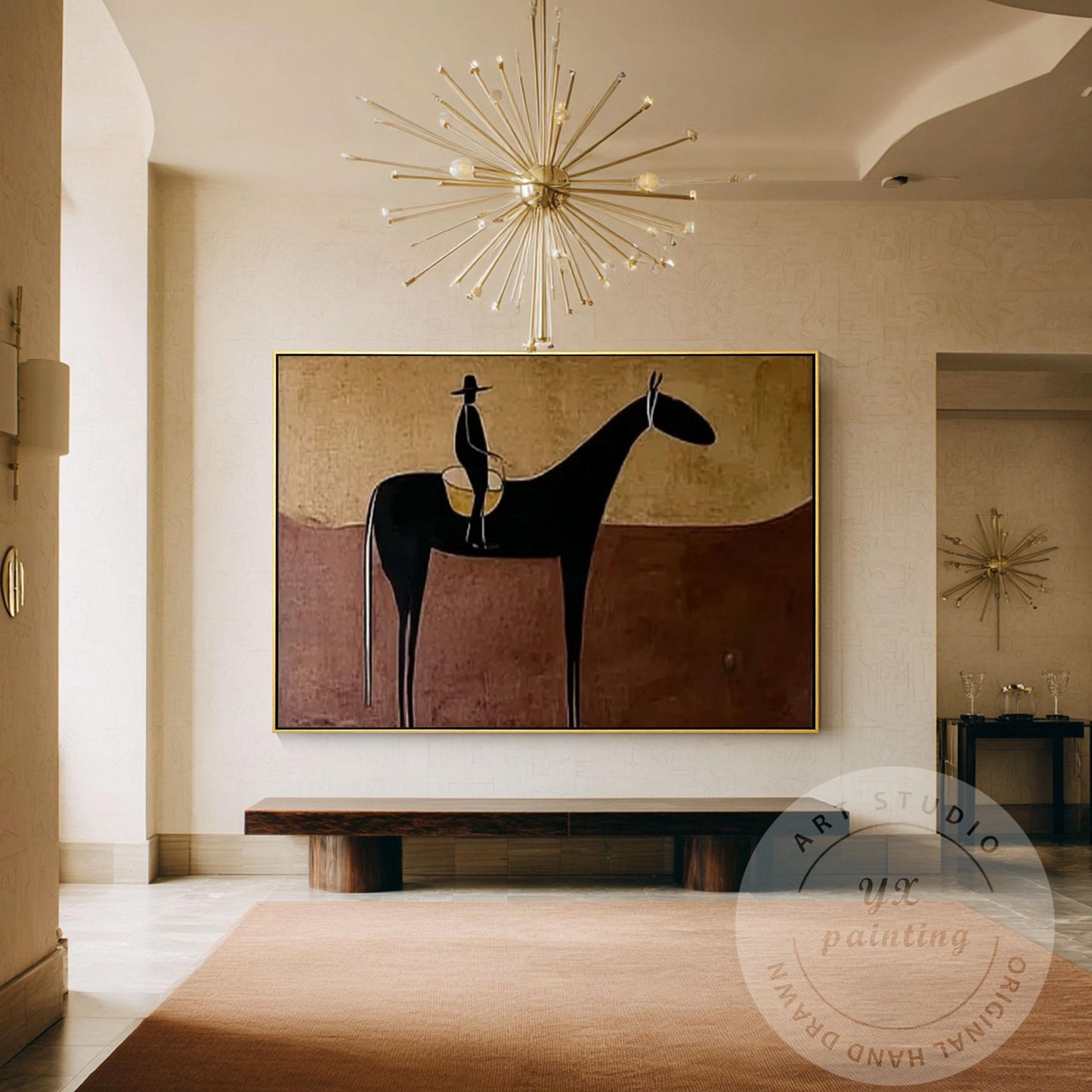 Handmade Horse Silhouette Painting, Abstract Rider Artwork, Rustic Neutral Wall  #2