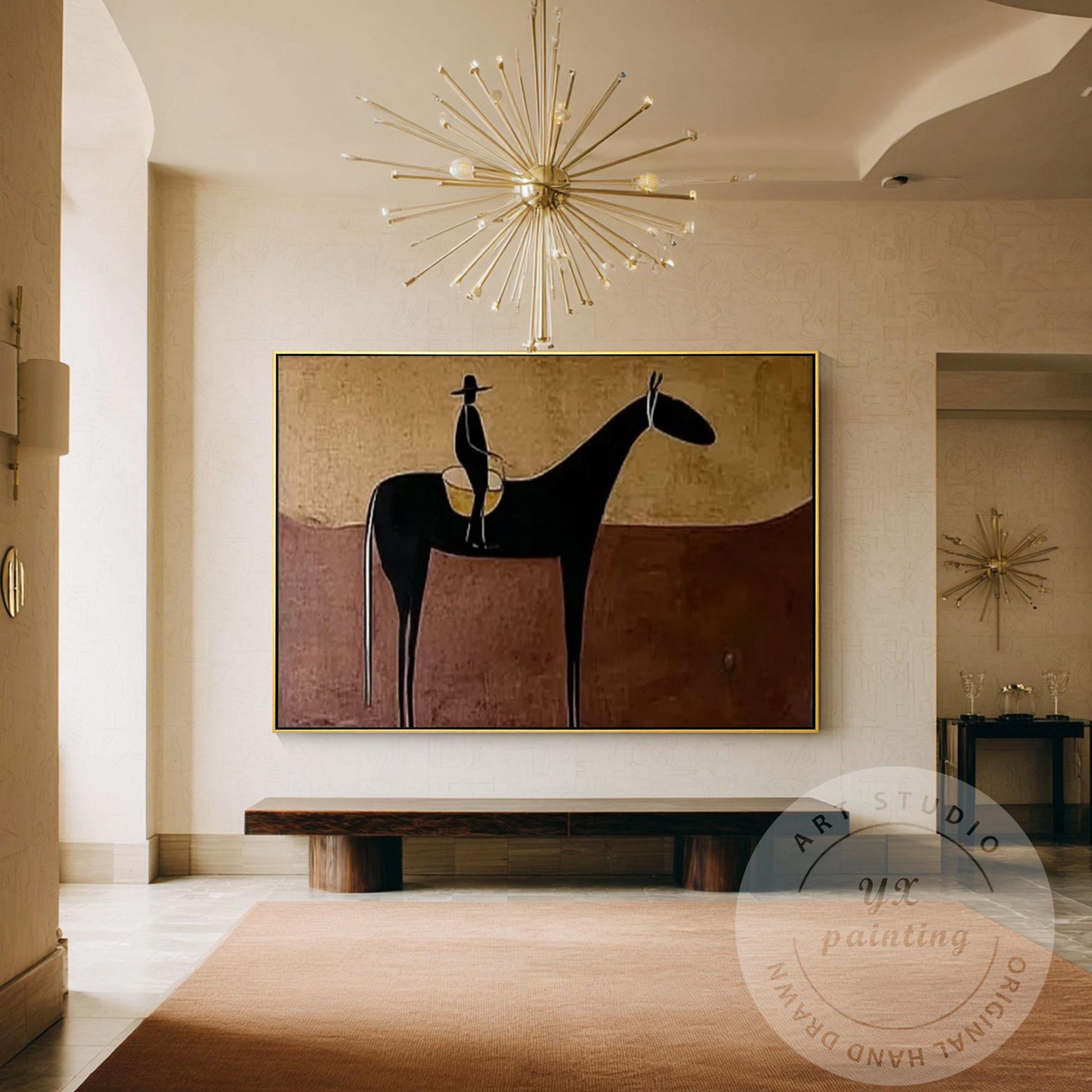 Handmade Horse Silhouette Painting, Abstract Rider Artwork, Rustic Neutral Wall  #2