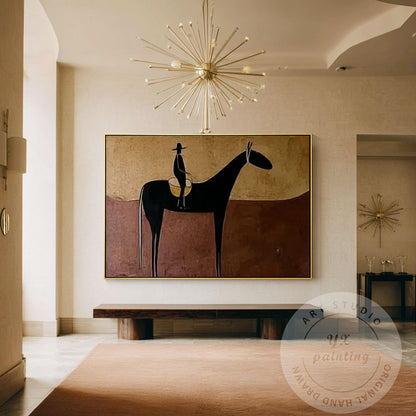Handmade Horse Silhouette Painting, Abstract Rider Artwork, Rustic Neutral Wall  #2
