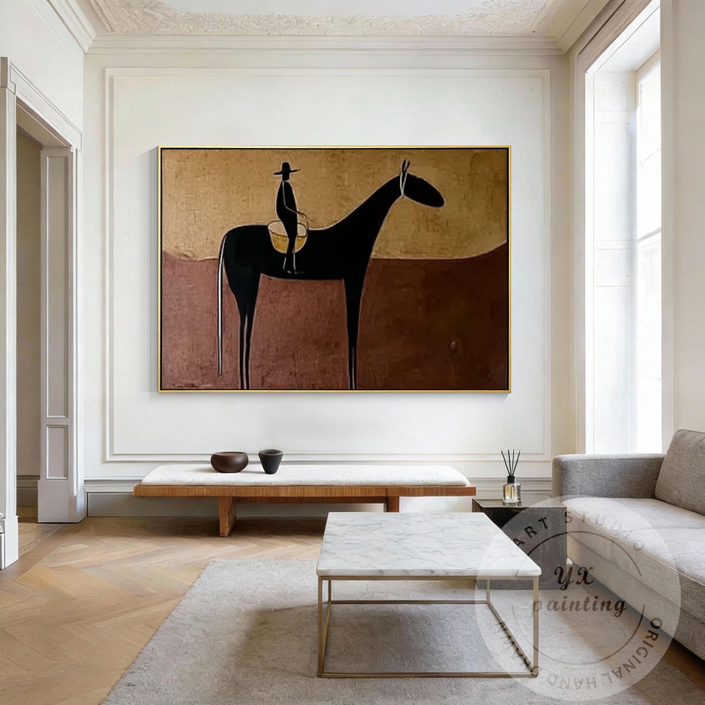 Handmade Horse Silhouette Painting, Abstract Rider Artwork, Rustic Neutral Wall  #3