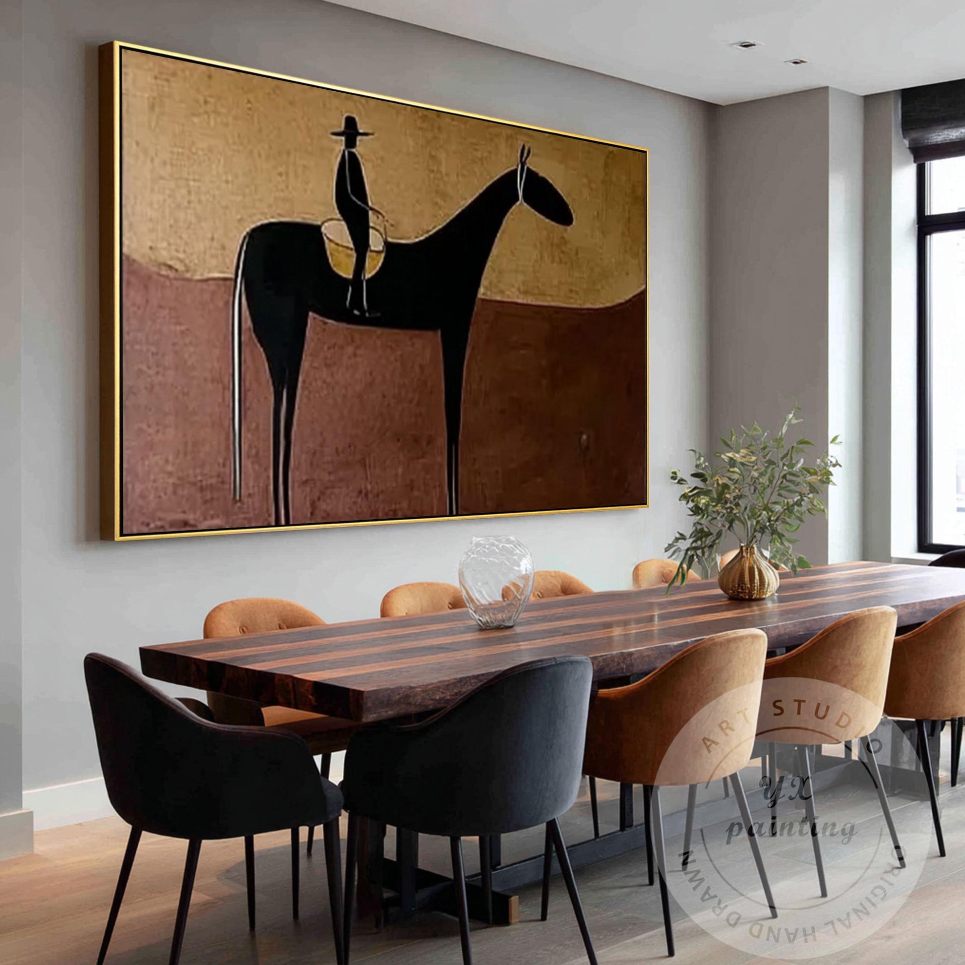 Handmade Horse Silhouette Painting, Abstract Rider Artwork, Rustic Neutral Wall  #4