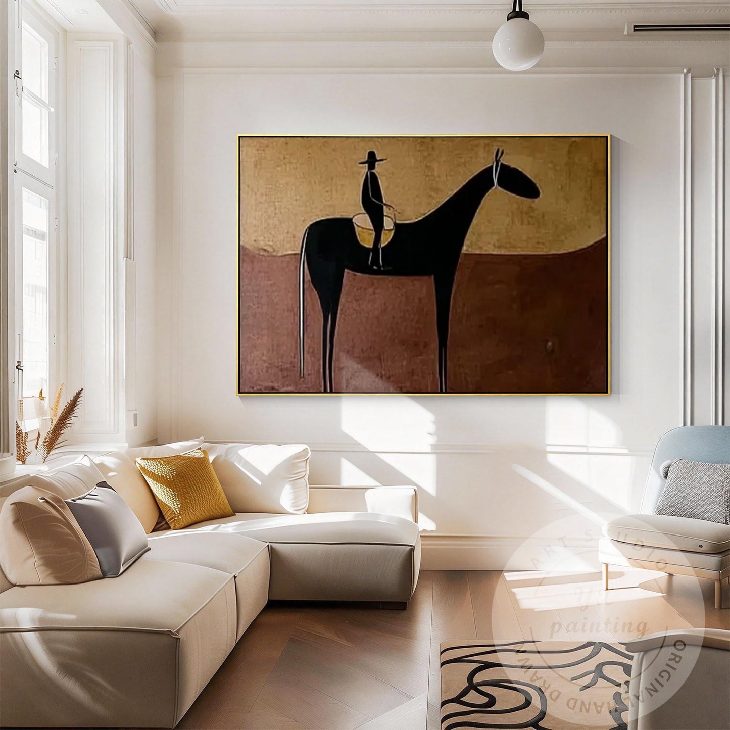Handmade Horse Silhouette Painting, Abstract Rider Artwork, Rustic Neutral Wall  #5