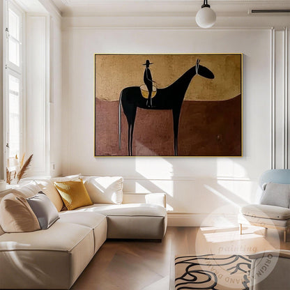 Handmade Horse Silhouette Painting, Abstract Rider Artwork, Rustic Neutral Wall  #5
