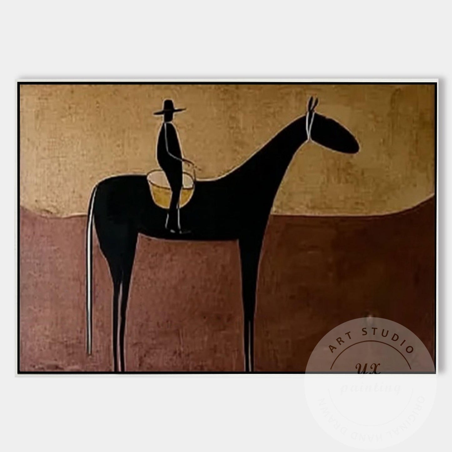 Handmade Horse Silhouette Painting, Abstract Rider Artwork, Rustic Neutral Wall  #6