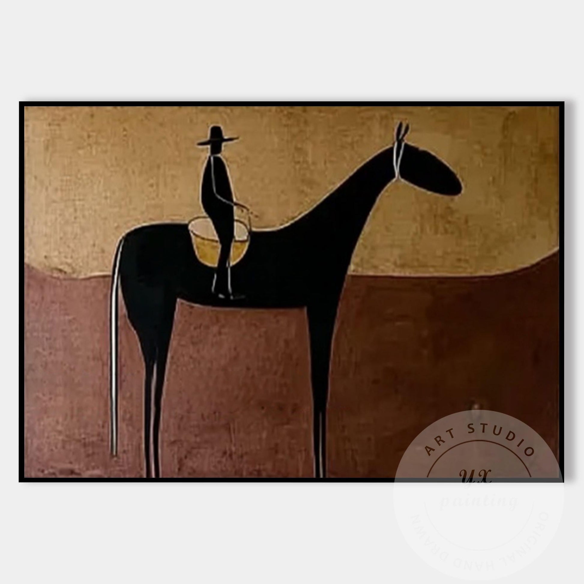 Handmade Horse Silhouette Painting, Abstract Rider Artwork, Rustic Neutral Wall  #7