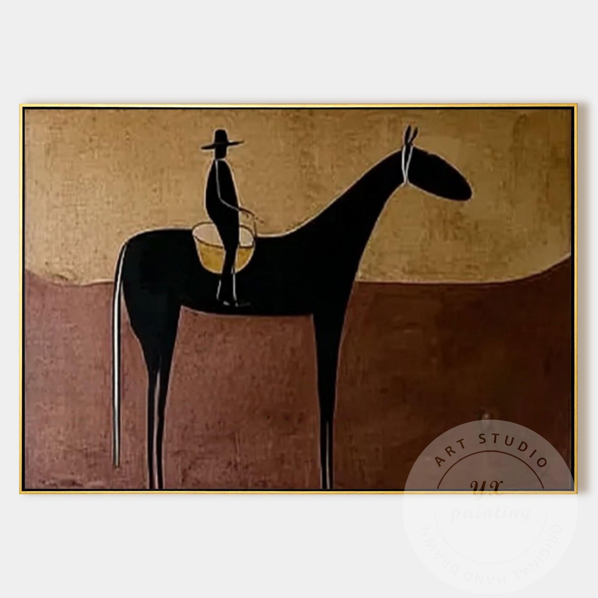 Handmade Horse Silhouette Painting, Abstract Rider Artwork, Rustic Neutral Wall  #8