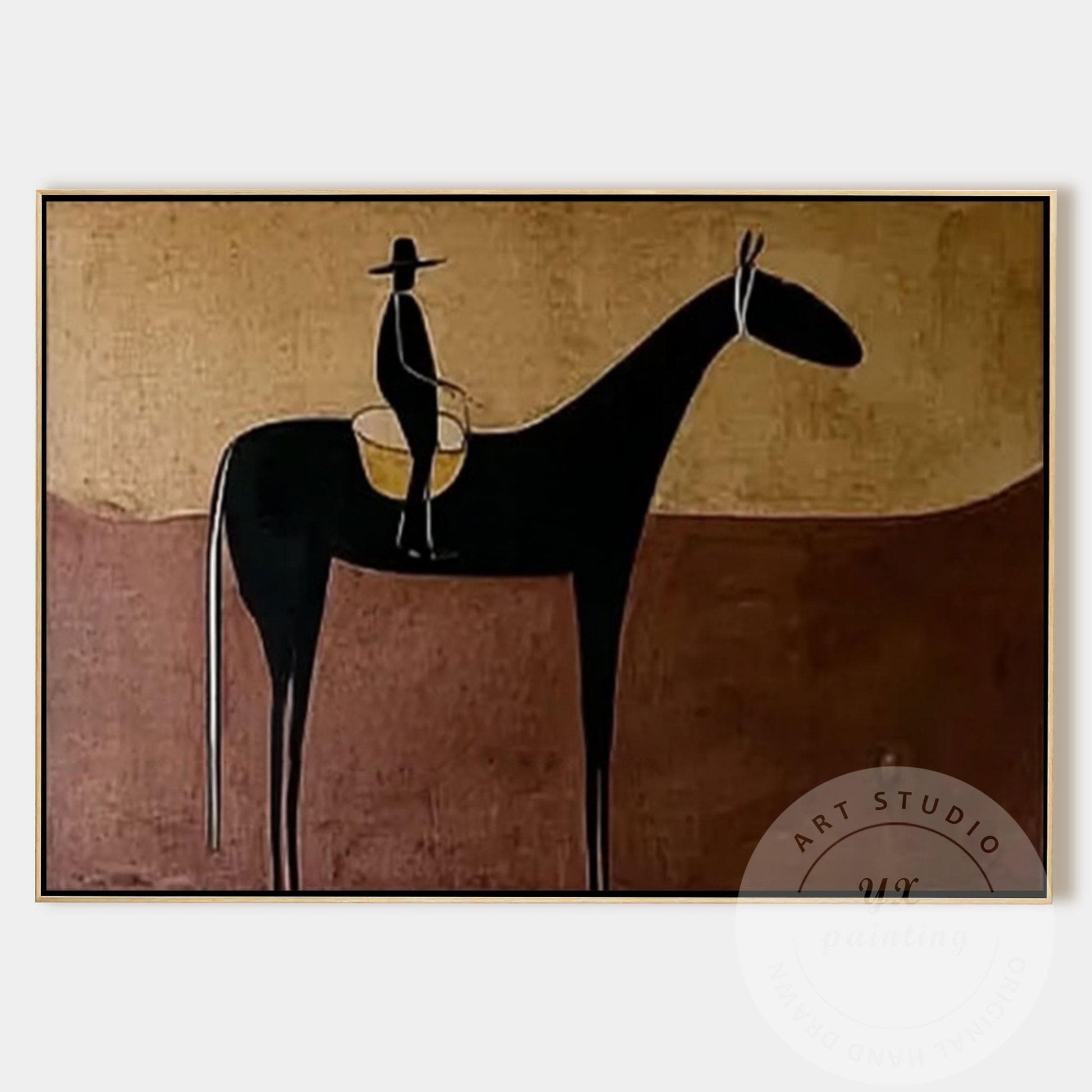 Handmade Horse Silhouette Painting, Abstract Rider Artwork, Rustic Neutral Wall  #9