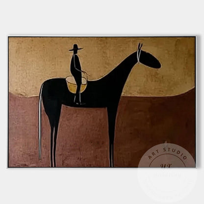 Handmade Horse Silhouette Painting, Abstract Rider Artwork, Rustic Neutral Wall  #10