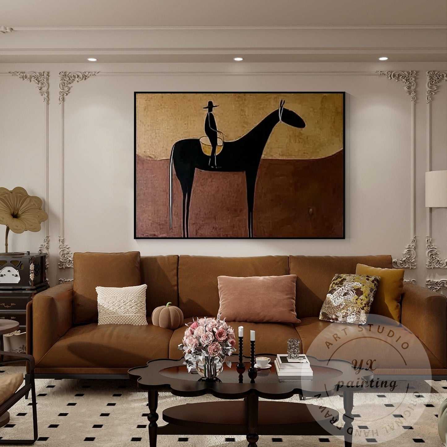 Handmade Horse Silhouette Painting, Abstract Rider Artwork, Rustic Neutral Wall  #1