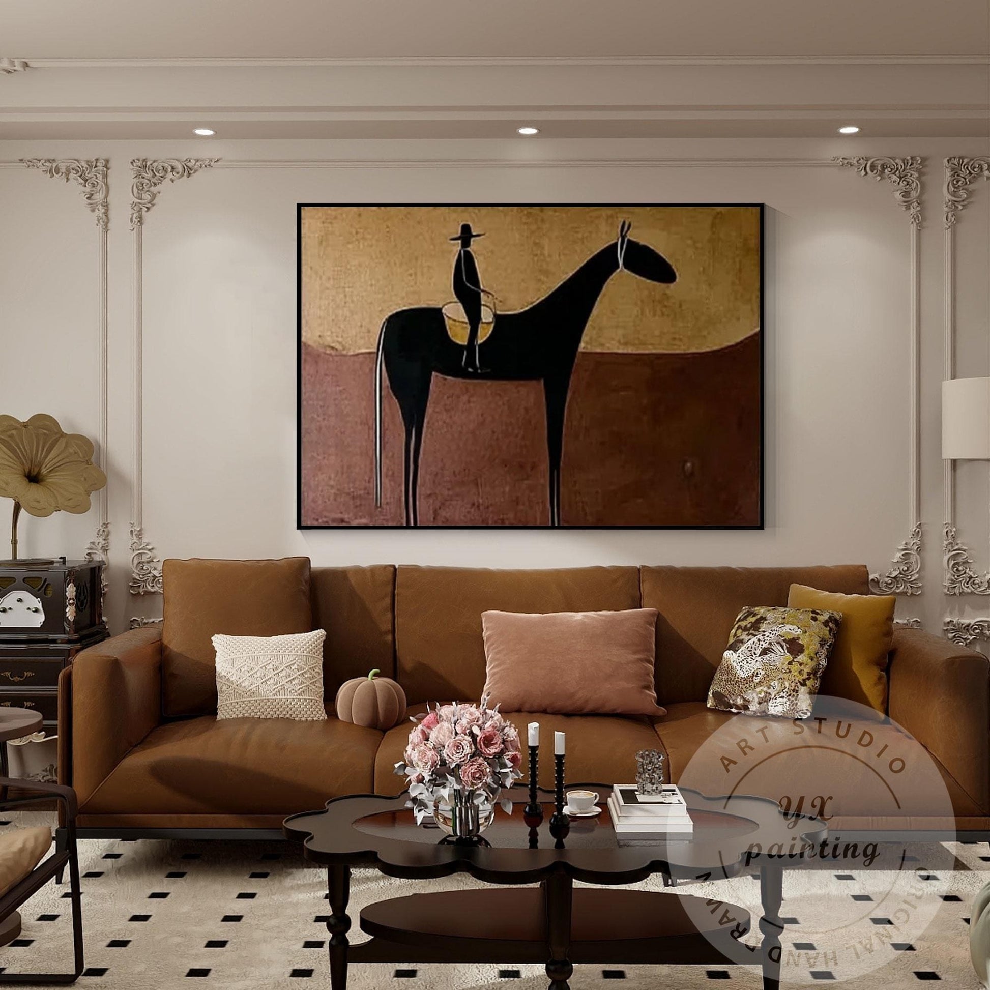 Handmade Horse Silhouette Painting, Abstract Rider Artwork, Rustic Neutral Wall  #1