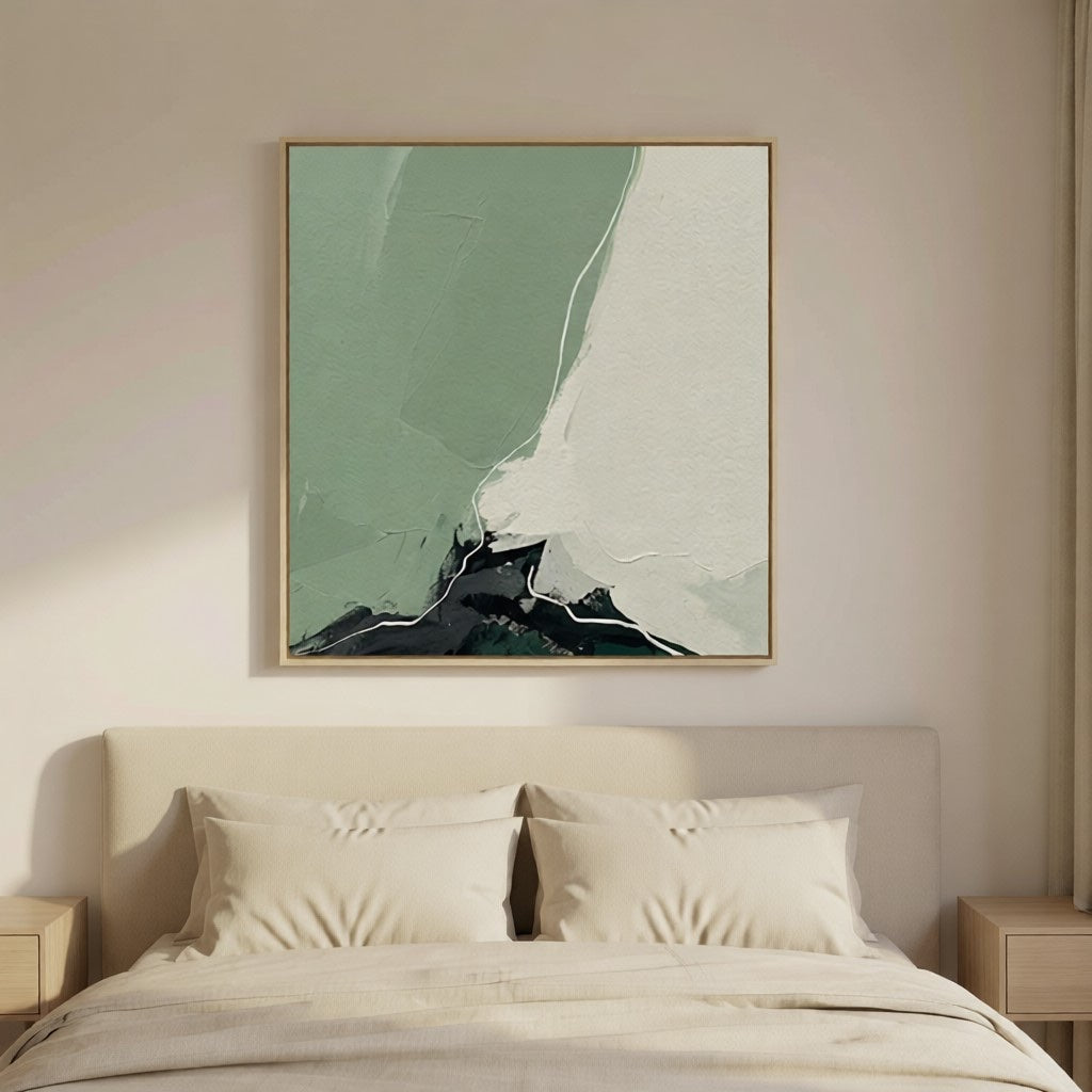 Handmade Minimalist Green Landscape Abstract Art for Home styled in a refined neutral room setting to show wall scale, calm proportion, and interior decor mood.