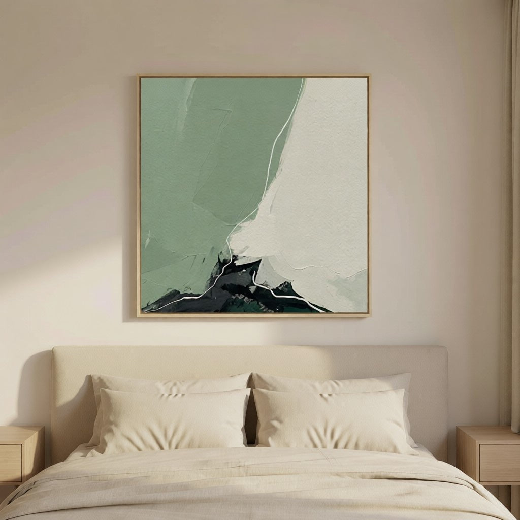 Handmade Minimalist Green Landscape Abstract Art for Home styled in a refined neutral room setting to show wall scale, calm proportion, and interior decor mood.