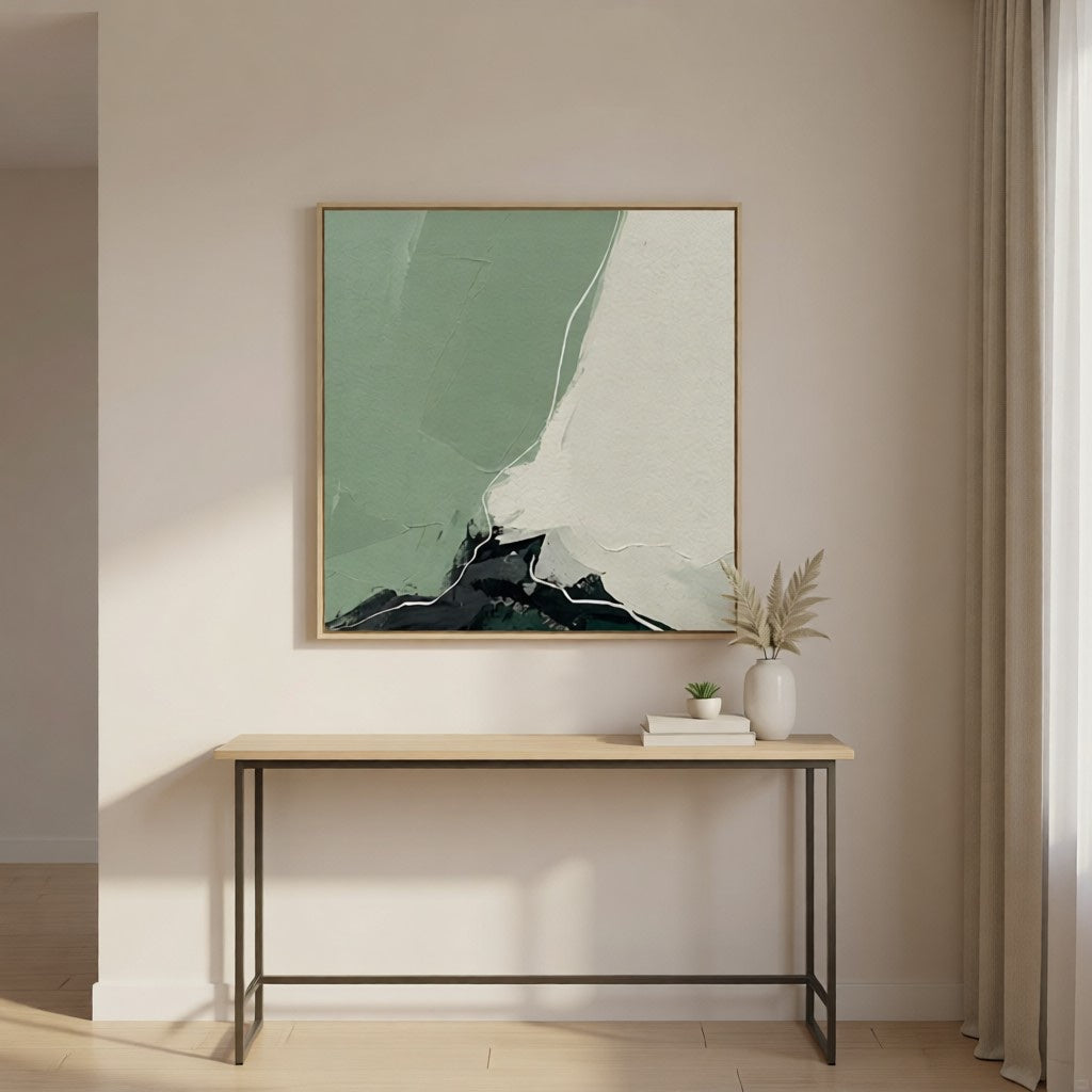 Handmade Minimalist Green Landscape Abstract Art for Home styled in a refined neutral room setting to show wall scale, calm proportion, and interior decor mood.