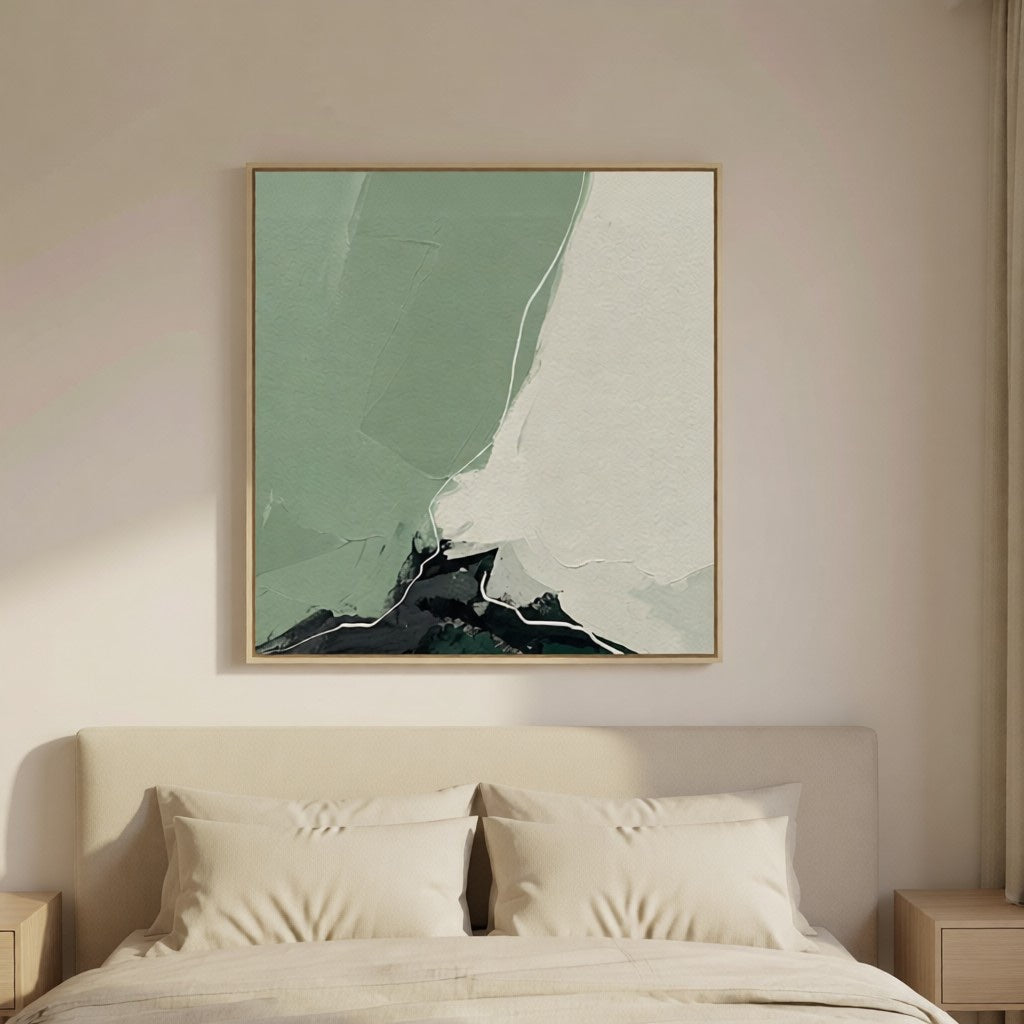 Handmade Minimalist Green Landscape Abstract Art for Home styled in a refined neutral room setting to show wall scale, calm proportion, and interior decor mood.