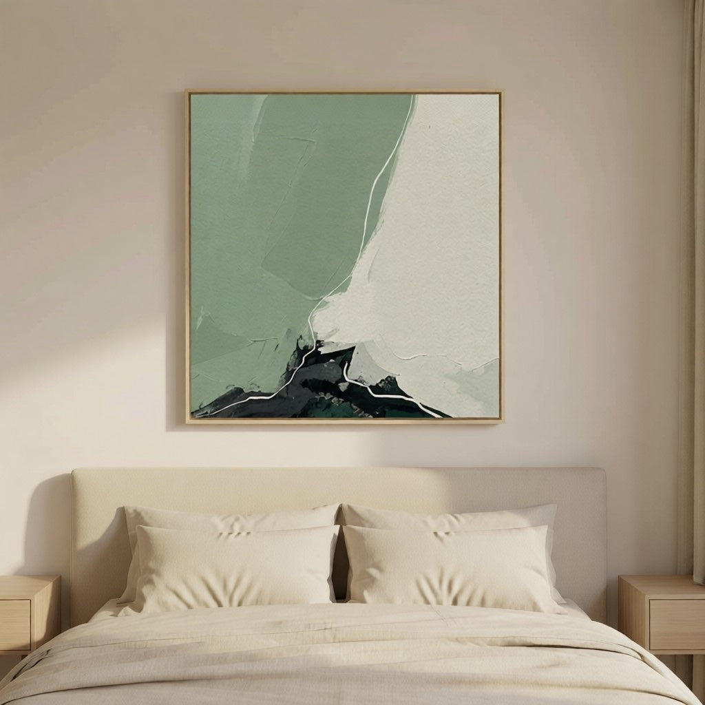 Handmade Minimalist Green Landscape Abstract Art for Home styled in a refined neutral room setting to show wall scale, calm proportion, and interior decor mood.