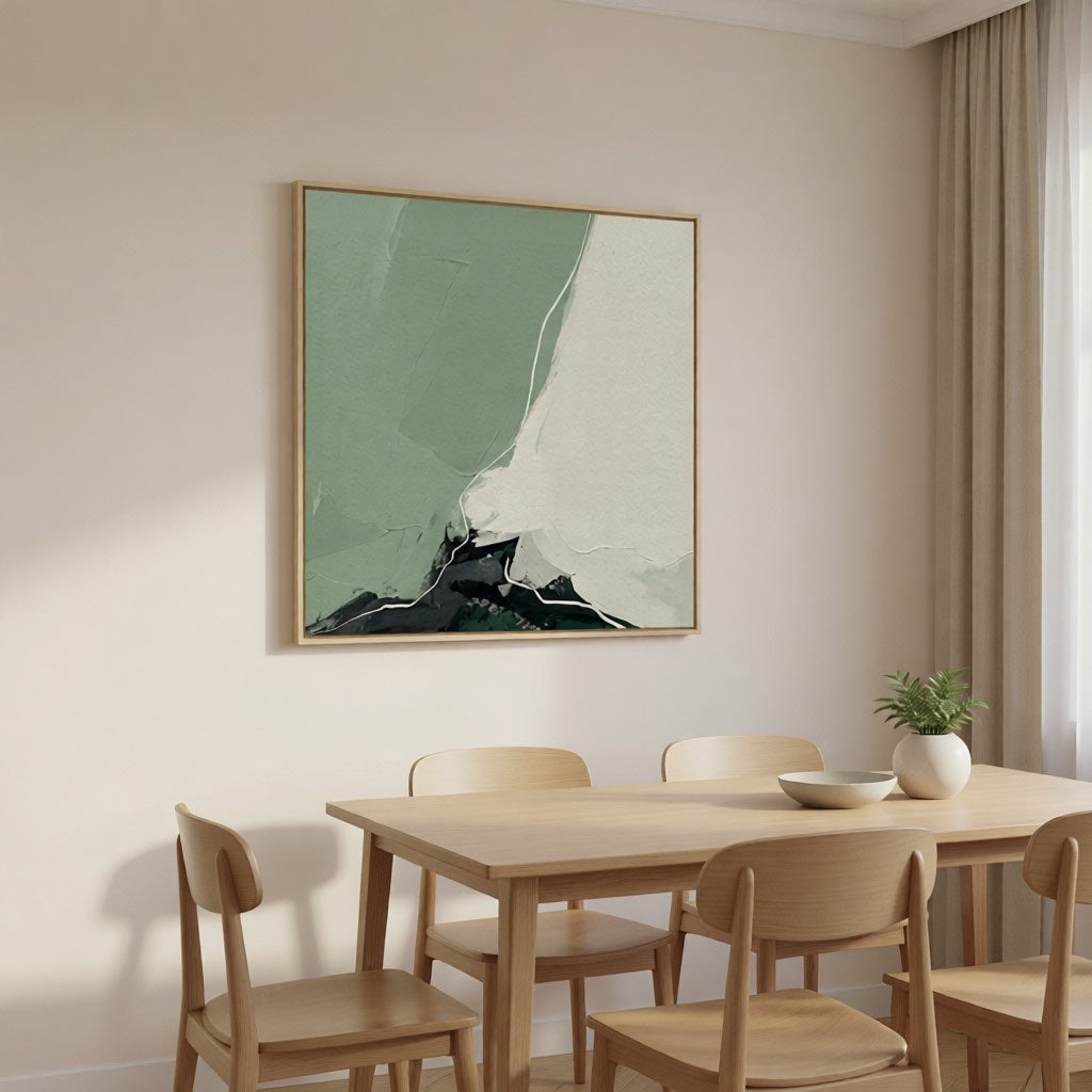 Handmade Minimalist Green Landscape Abstract Art for Home styled in a refined neutral room setting to show wall scale, calm proportion, and interior decor mood.