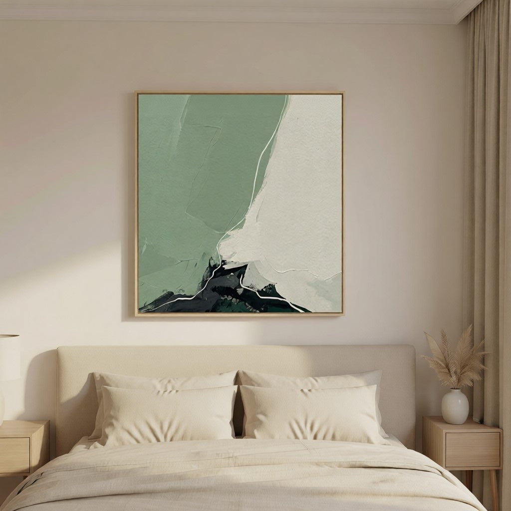 Handmade Minimalist Green Landscape Abstract Art for Home styled in a refined neutral room setting to show wall scale, calm proportion, and interior decor mood.