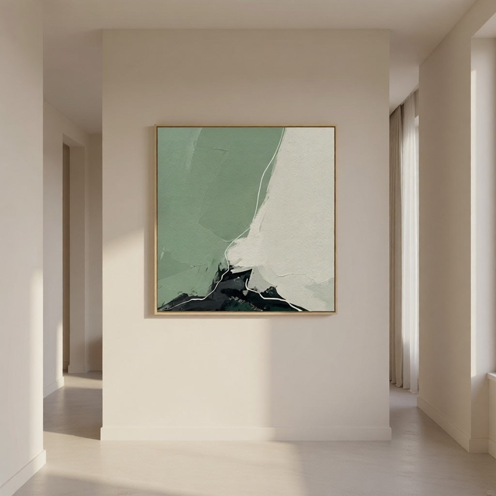 Handmade Minimalist Green Landscape Abstract Art for Home styled in a refined neutral room setting to show wall scale, calm proportion, and interior decor mood.
