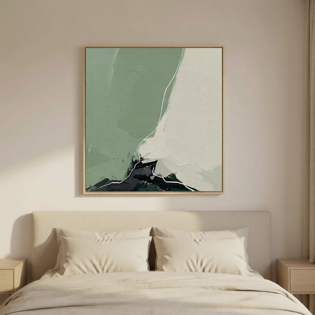 Handmade Minimalist Green Landscape Abstract Art for Home styled in a refined neutral room setting to show wall scale, calm proportion, and interior decor mood.