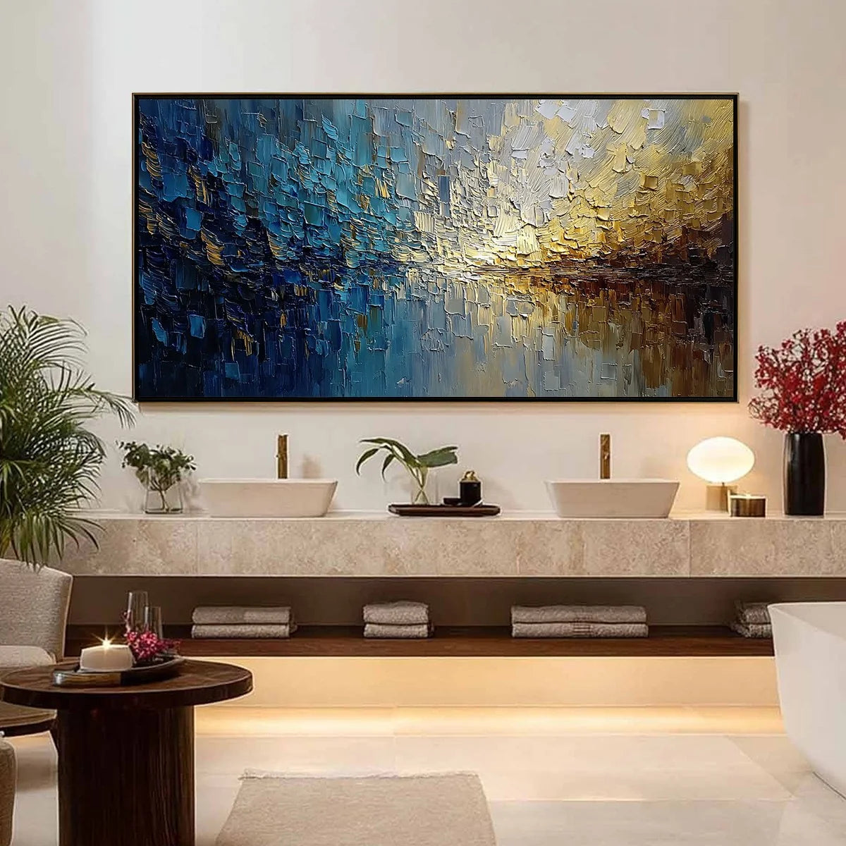 HARBOR DAWN: Heavy Texture Abstract Cityscape Oil Painting | gold frame stretched on neutral wall