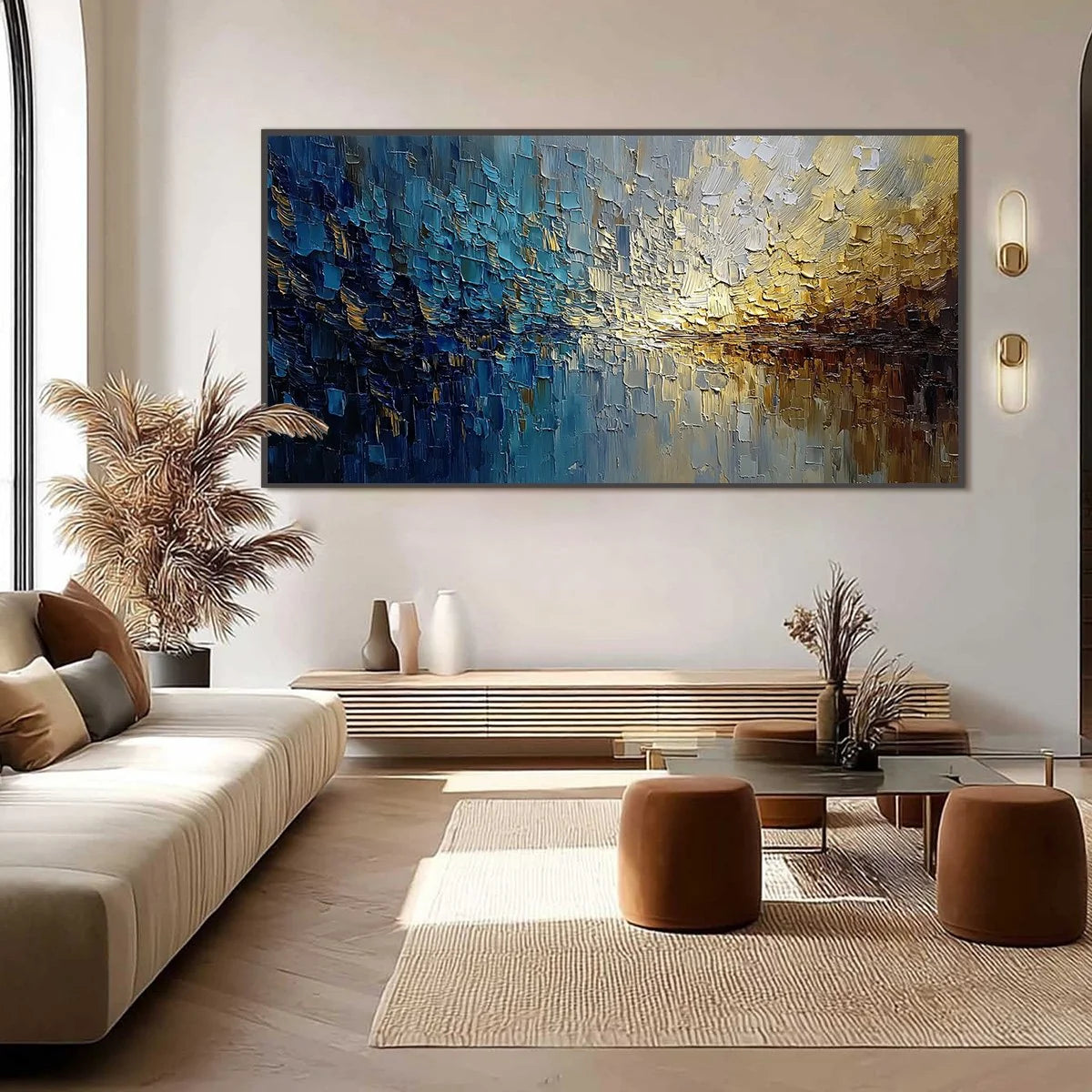 HARBOR DAWN: Heavy Texture Abstract Cityscape Oil Painting | black frame version on white wall