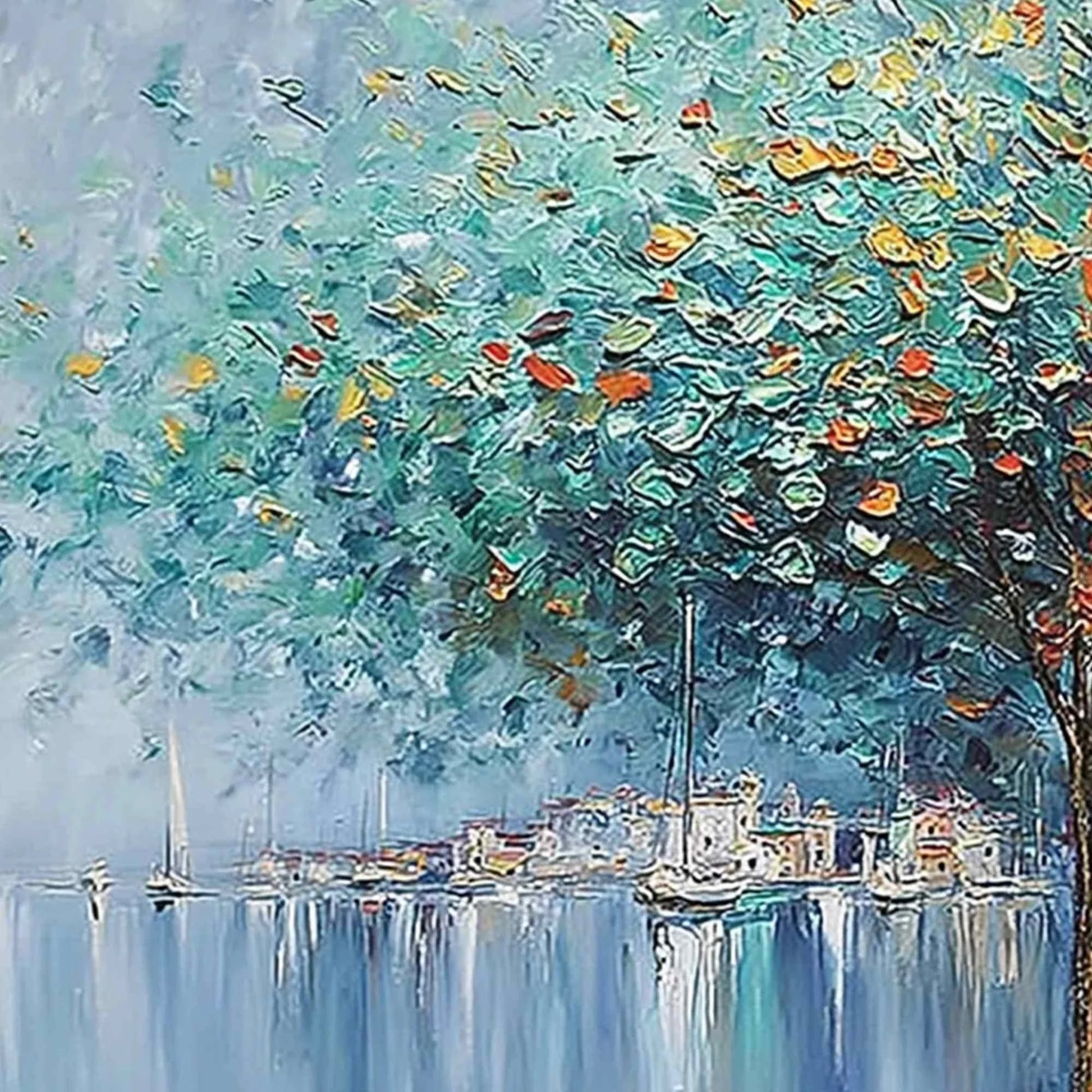HARBOR OF HUES: Textured Palette Knife Painting of a Coastal Town | rectangular format, hand-painted canvas edge