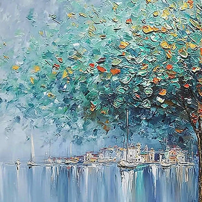 HARBOR OF HUES: Textured Palette Knife Painting of a Coastal Town | rectangular format, hand-painted canvas edge