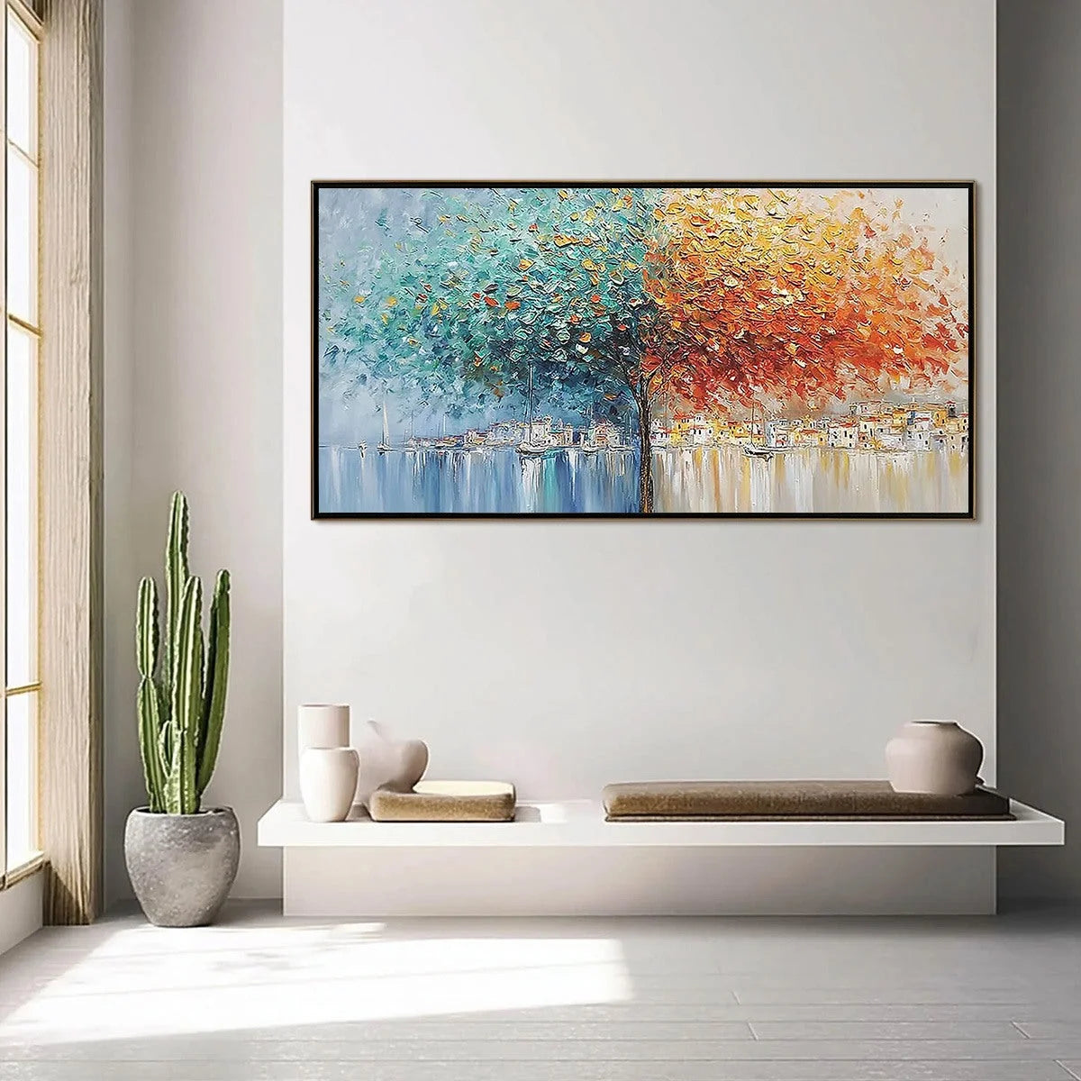 HARBOR OF HUES: Textured Palette Knife Painting of a Coastal Town | gold frame stretched on neutral wall