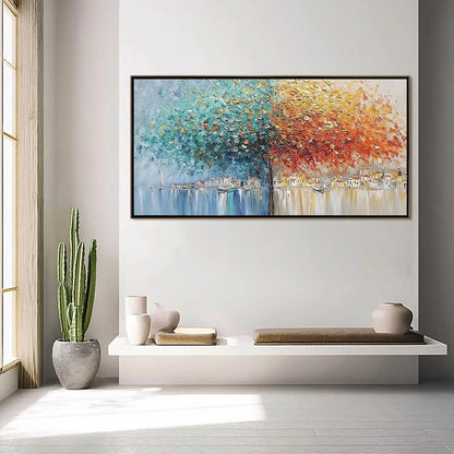 HARBOR OF HUES: Textured Palette Knife Painting of a Coastal Town | gold frame stretched on neutral wall
