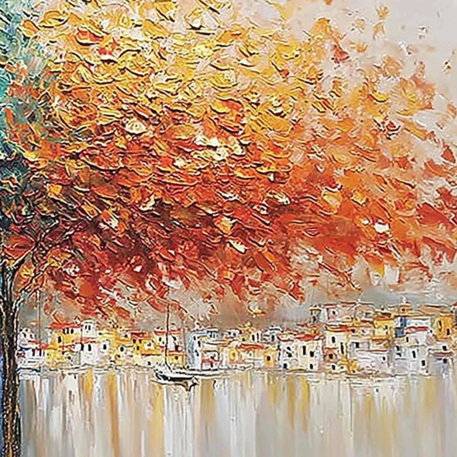 HARBOR OF HUES: Textured Palette Knife Painting of a Coastal Town | rolled canvas, ready for custom framing